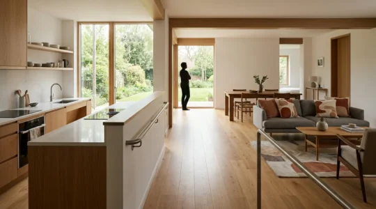 Vue d'un salon moderne adapté avec rampes d'accès et équipements ergonomiques