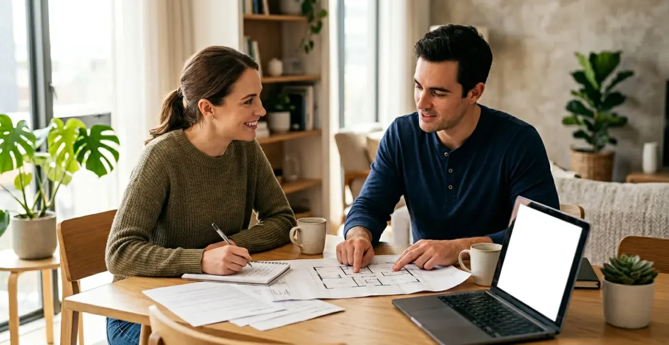 Jeune couple examinant des documents financiers dans un salon lumineux avec calculatrice et ordinateur portable