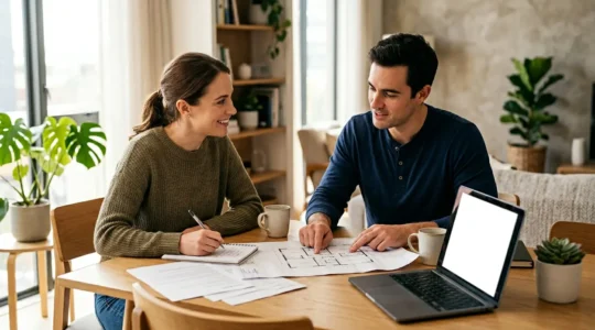 Jeune couple examinant des documents financiers dans un salon lumineux avec calculatrice et ordinateur portable