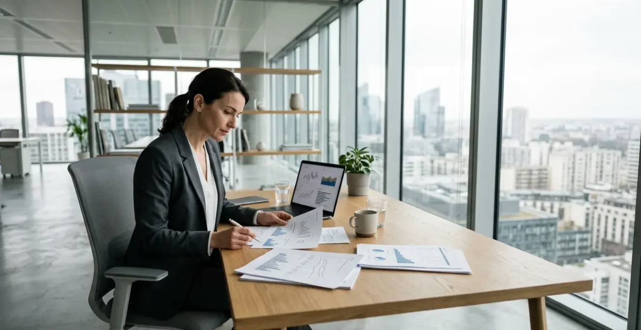 Expert en gestion de patrimoine analysant des documents financiers avec graphiques et ordinateur dans un bureau moderne