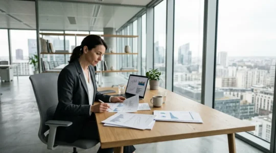 Expert en gestion de patrimoine analysant des documents financiers avec graphiques et ordinateur dans un bureau moderne