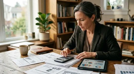 Professionnel libéral analysant des documents financiers dans son bureau lumineux