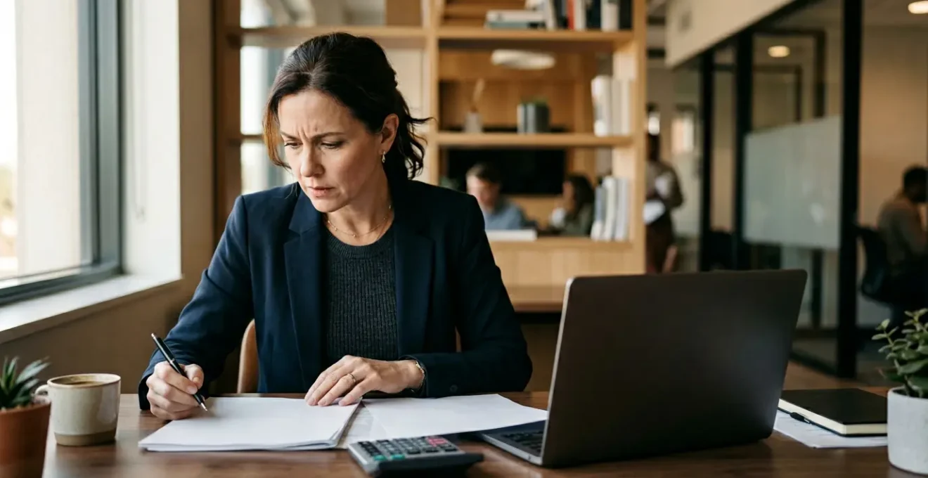 Entrepreneur indépendant analysant ses documents financiers dans son bureau professionnel