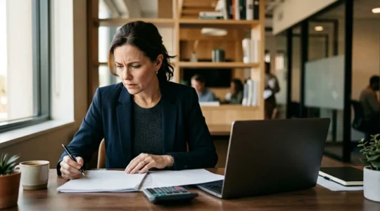 Entrepreneur indépendant analysant ses documents financiers dans son bureau professionnel