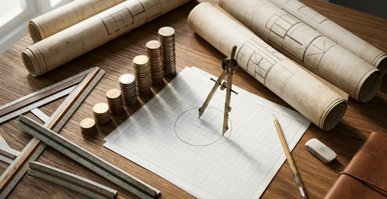 Bureau d'architecte avec plans immobiliers et calculatrices pour stratégie d'investissement