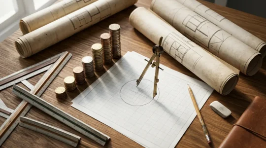 Bureau d'architecte avec plans immobiliers et calculatrices pour stratégie d'investissement