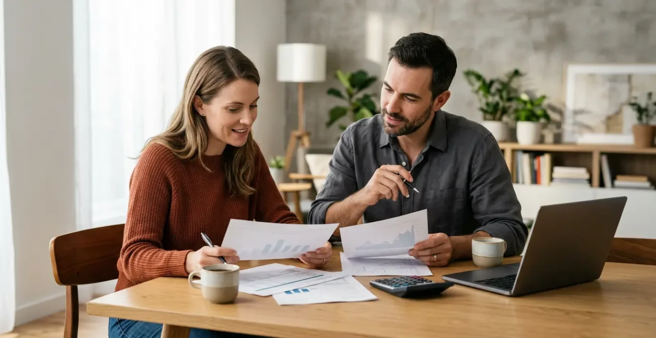 Couple de trentenaires consultant des documents financiers à leur table de salon pour planifier leur épargne retraite