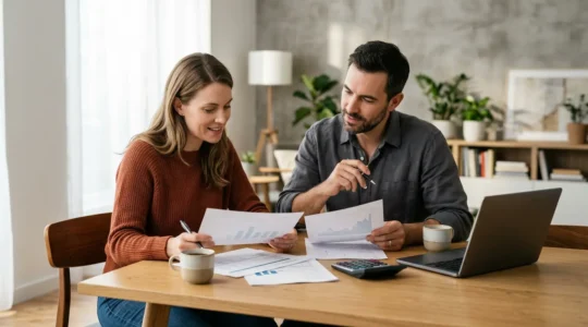 Couple de trentenaires consultant des documents financiers à leur table de salon pour planifier leur épargne retraite