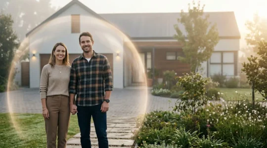 Couple protégé par un bouclier invisible symbolisant la sécurité de l'assurance crédit immobilier, avec leur maison en arrière-plan