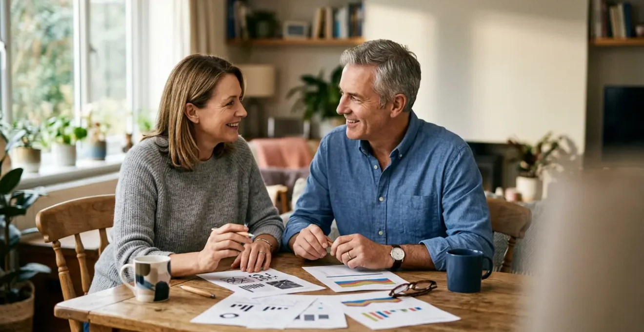 Couple de seniors examinant des documents financiers dans leur salon lumineux