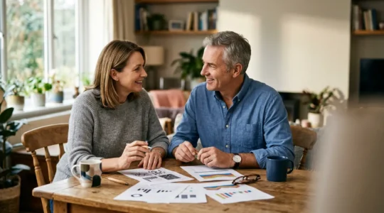 Couple de seniors examinant des documents financiers dans leur salon lumineux