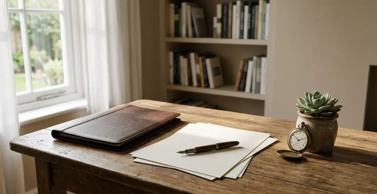 Bureau avec documents administratifs et calculatrice dans une ambiance sereine pour illustrer les démarches financières après décès