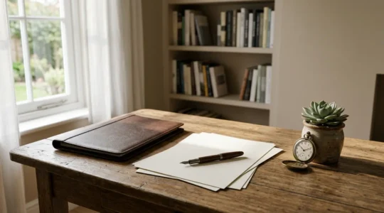 Bureau avec documents administratifs et calculatrice dans une ambiance sereine pour illustrer les démarches financières après décès