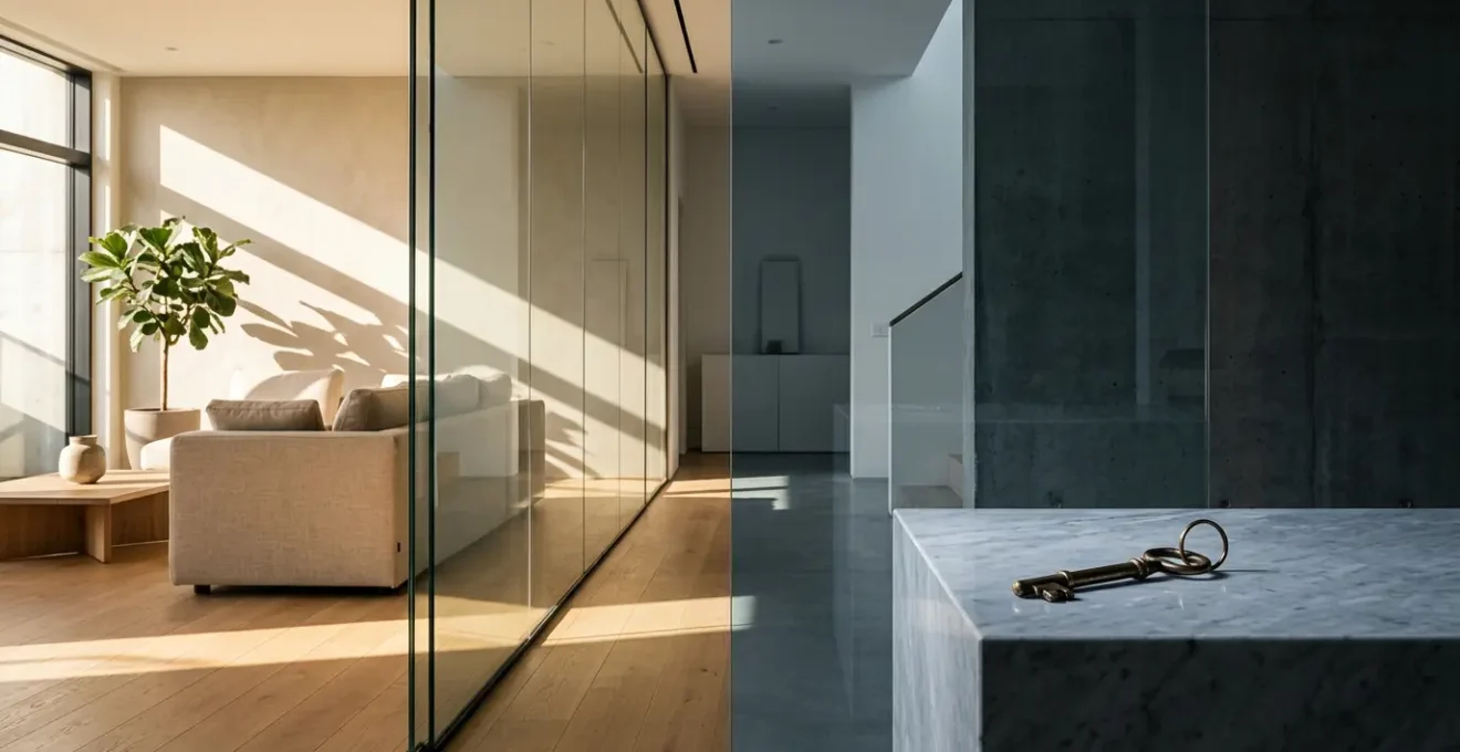 Représentation conceptuelle du démembrement de propriété immobilière avec des éléments architecturaux épurés