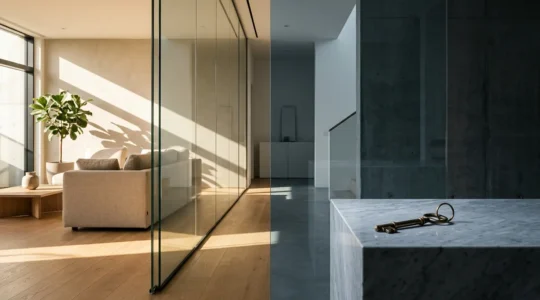 Représentation conceptuelle du démembrement de propriété immobilière avec des éléments architecturaux épurés