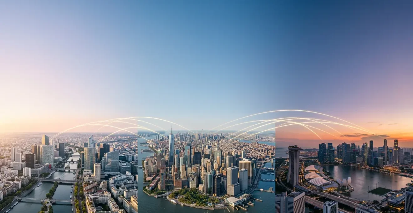 Vue aérienne d'horizons urbains interconnectés représentant la diversification patrimoniale internationale