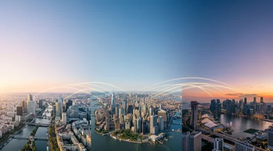 Vue aérienne d'horizons urbains interconnectés représentant la diversification patrimoniale internationale