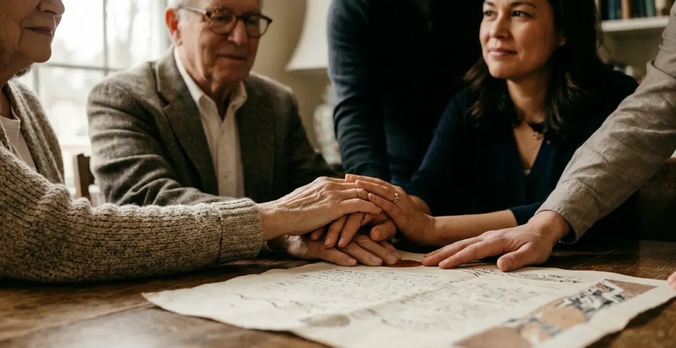 Famille multi-générationnelle réunie autour d'un acte notarié symbolisant la transmission du patrimoine