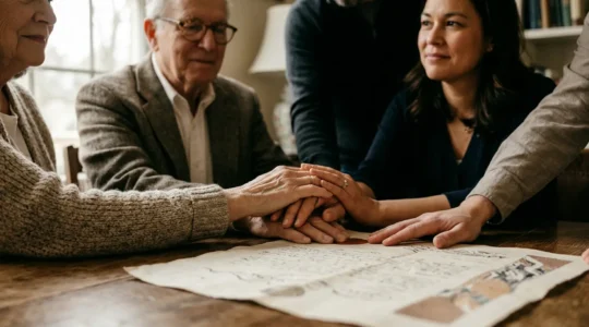 Famille multi-générationnelle réunie autour d'un acte notarié symbolisant la transmission du patrimoine