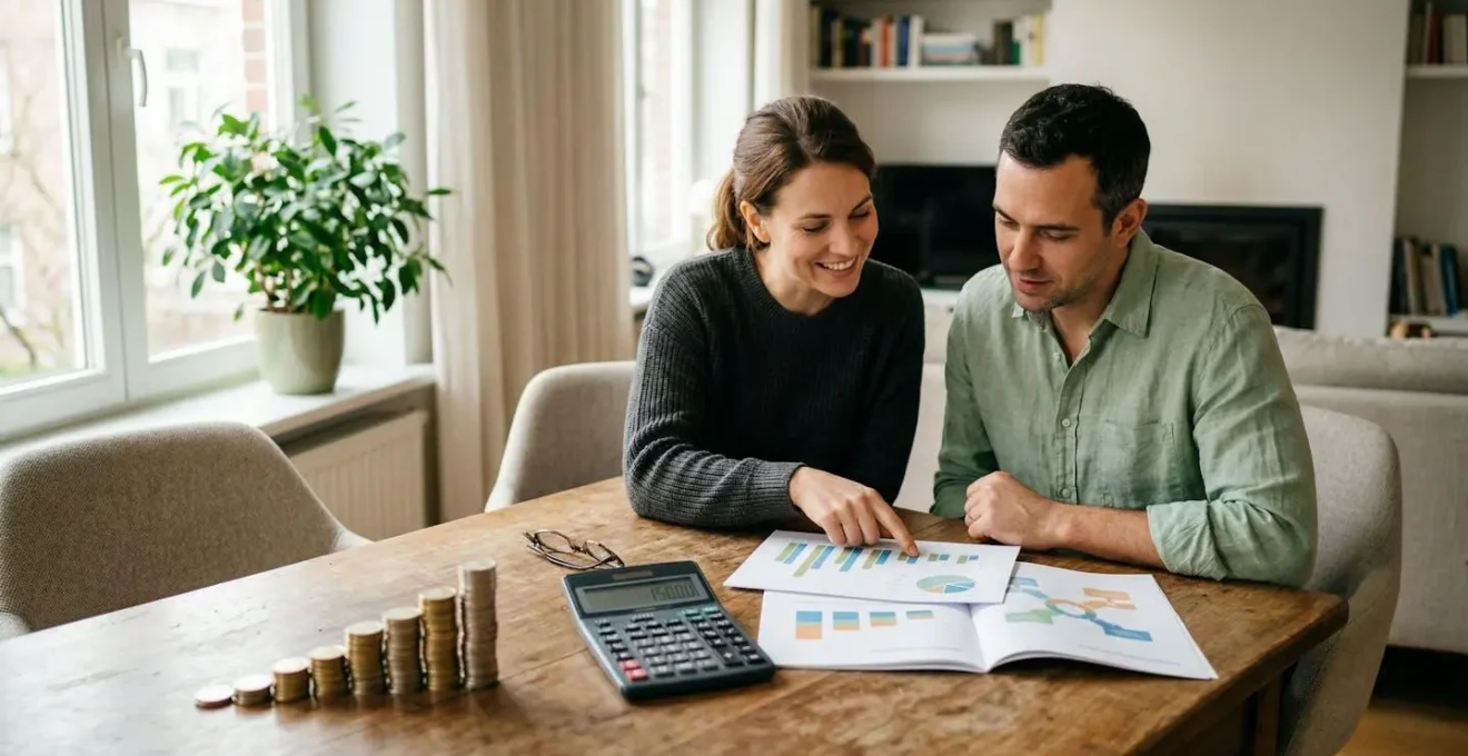 Un couple examinant des documents d'assurance avec une calculatrice et des pièces d'euros, symbolisant les économies réalisables avec la délégation d'assurance