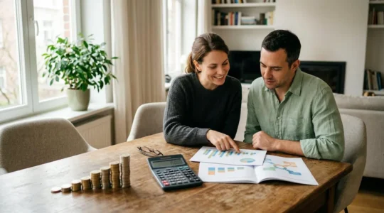 Un couple examinant des documents d'assurance avec une calculatrice et des pièces d'euros, symbolisant les économies réalisables avec la délégation d'assurance