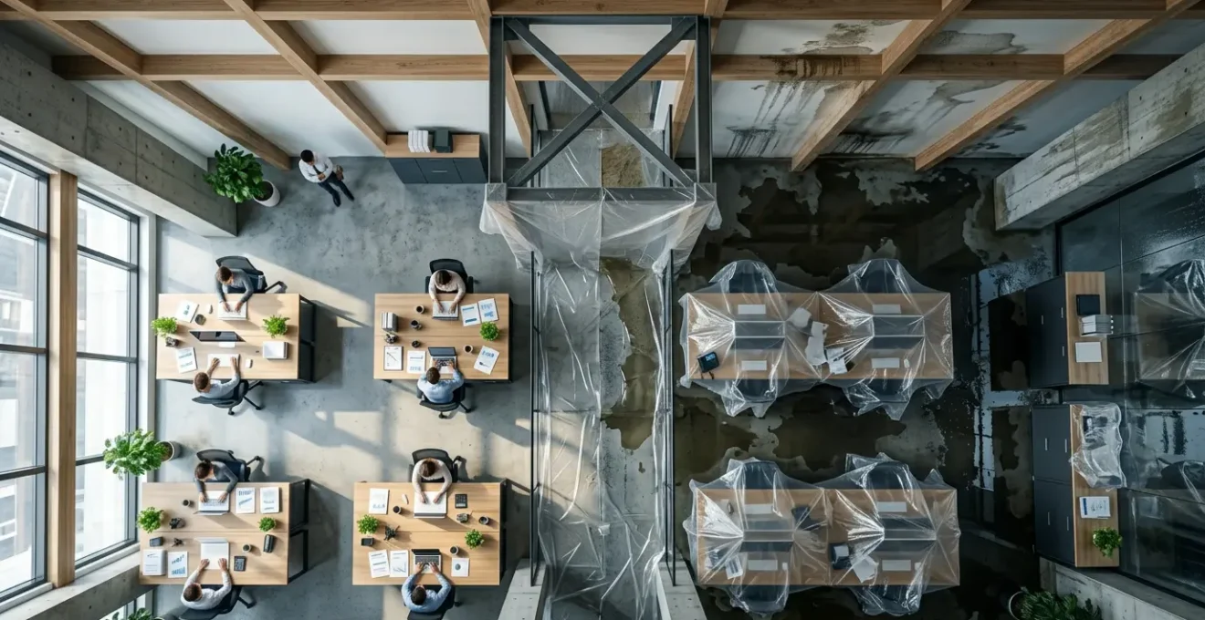 Vue d'ensemble d'un bureau moderne avec documents financiers et équipements endommagés en arrière-plan