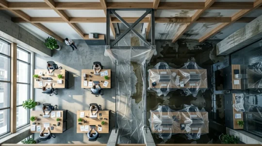 Vue d'ensemble d'un bureau moderne avec documents financiers et équipements endommagés en arrière-plan