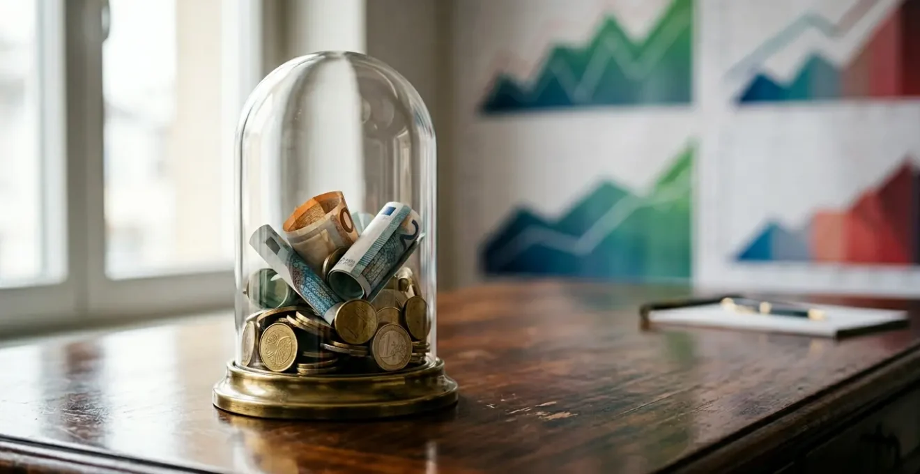 Vue conceptuelle de la protection de l'épargne face à l'inflation avec pièces et billets européens