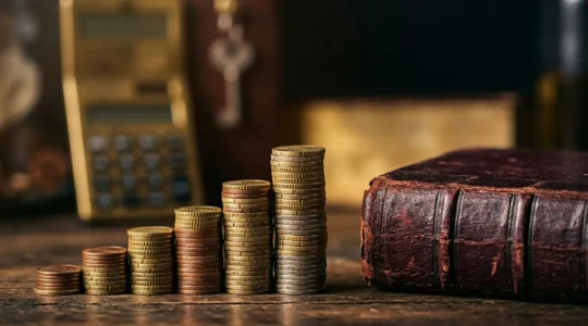 Pièces de monnaie empilées devant un carnet d'épargne avec calculatrice en arrière-plan flou