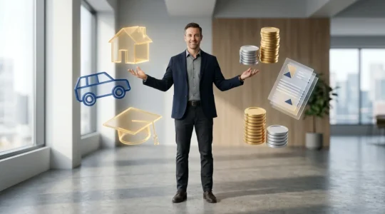 Personne équilibrant des éléments symbolisant différents projets de vie et ressources financières