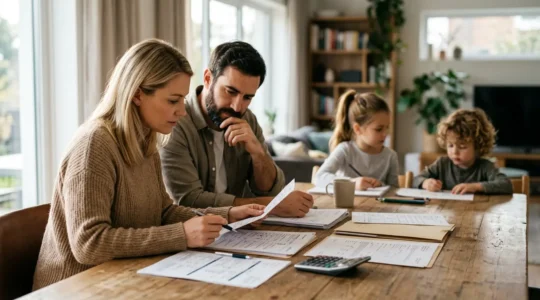 Famille examinant attentivement leurs documents de prévoyance collective autour d'une table