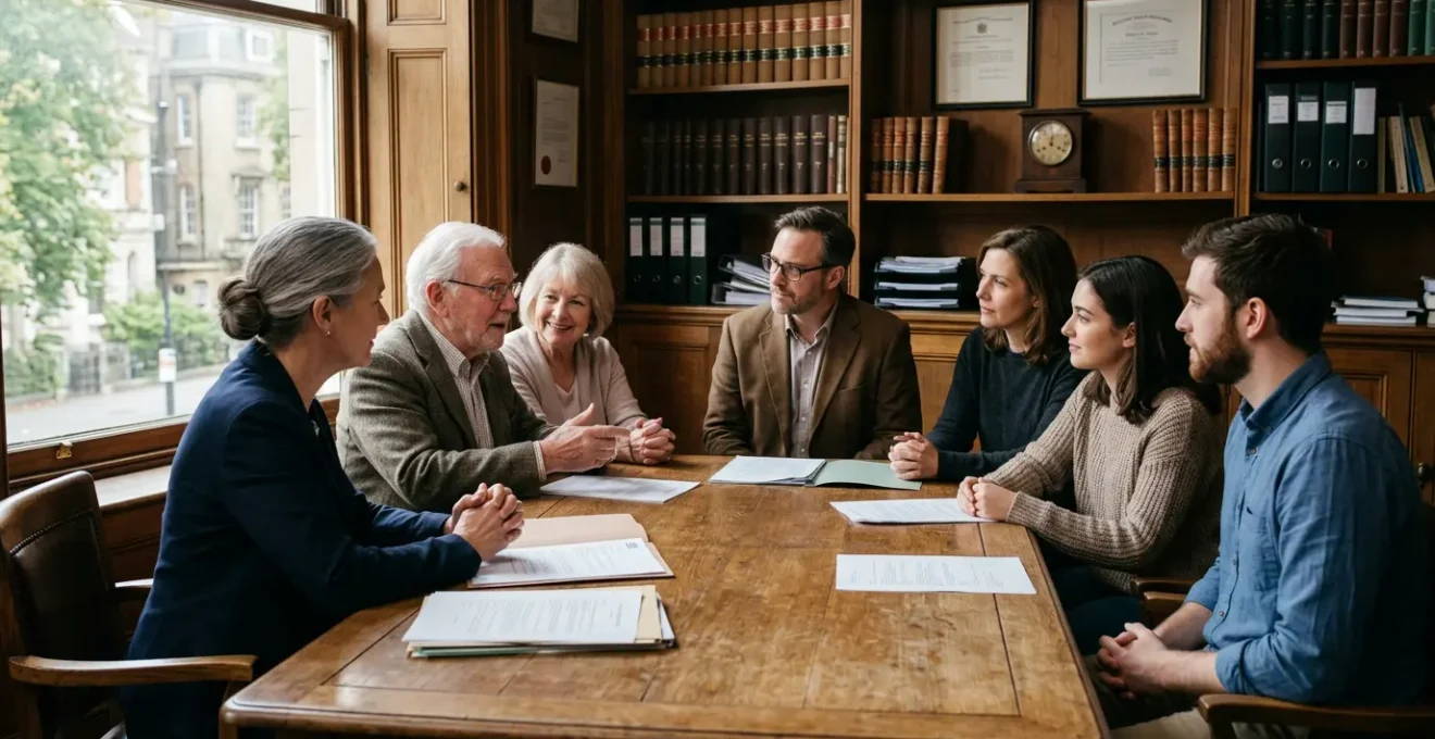 Famille multigénérationnelle discutant avec un notaire autour d'une table en bois avec des documents juridiques