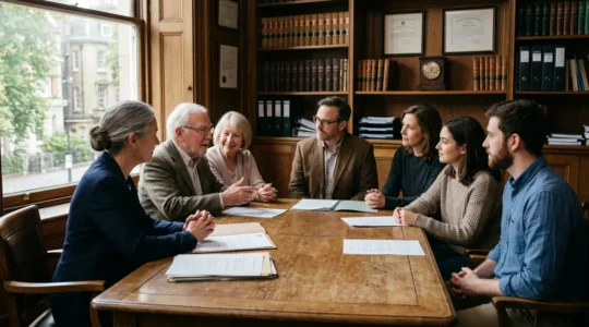 Famille multigénérationnelle discutant avec un notaire autour d'une table en bois avec des documents juridiques