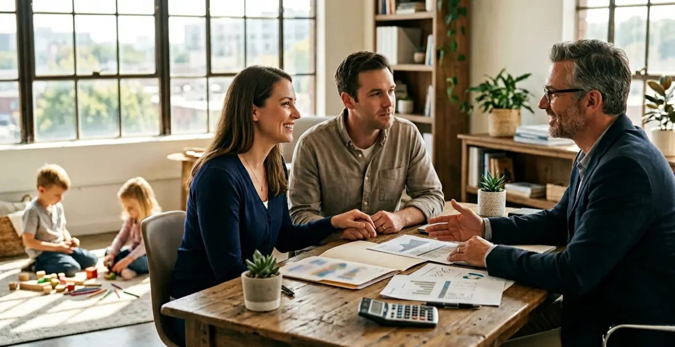 Famille en consultation avec un conseiller financier pour planifier la protection par assurance décès