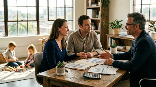 Famille en consultation avec un conseiller financier pour planifier la protection par assurance décès