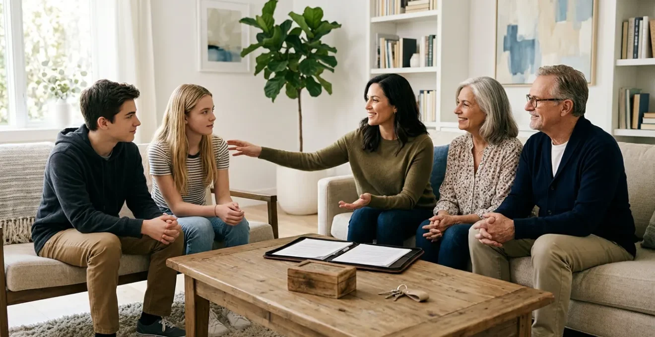 Famille recomposée réunie dans un salon lumineux autour d'une table avec documents patrimoniaux