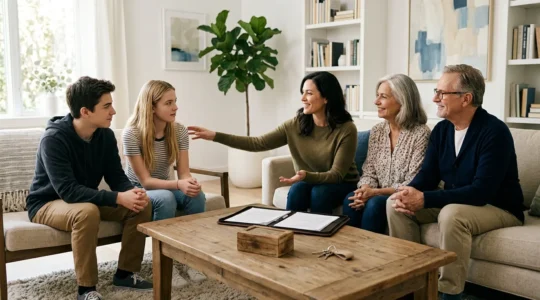 Famille recomposée réunie dans un salon lumineux autour d'une table avec documents patrimoniaux