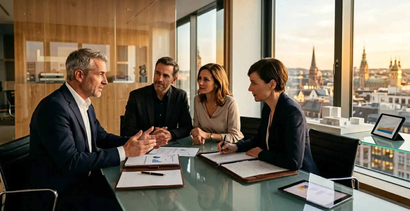 Réunion professionnelle entre ingénieur patrimonial, notaire et client dans un bureau moderne