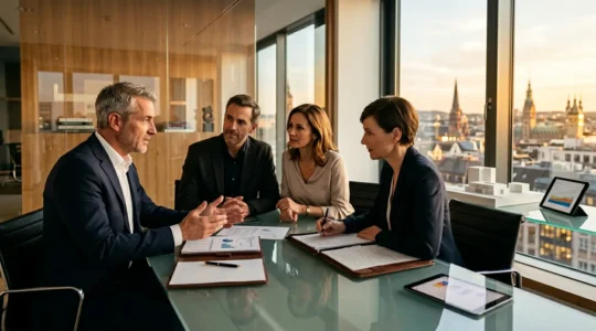 Réunion professionnelle entre ingénieur patrimonial, notaire et client dans un bureau moderne