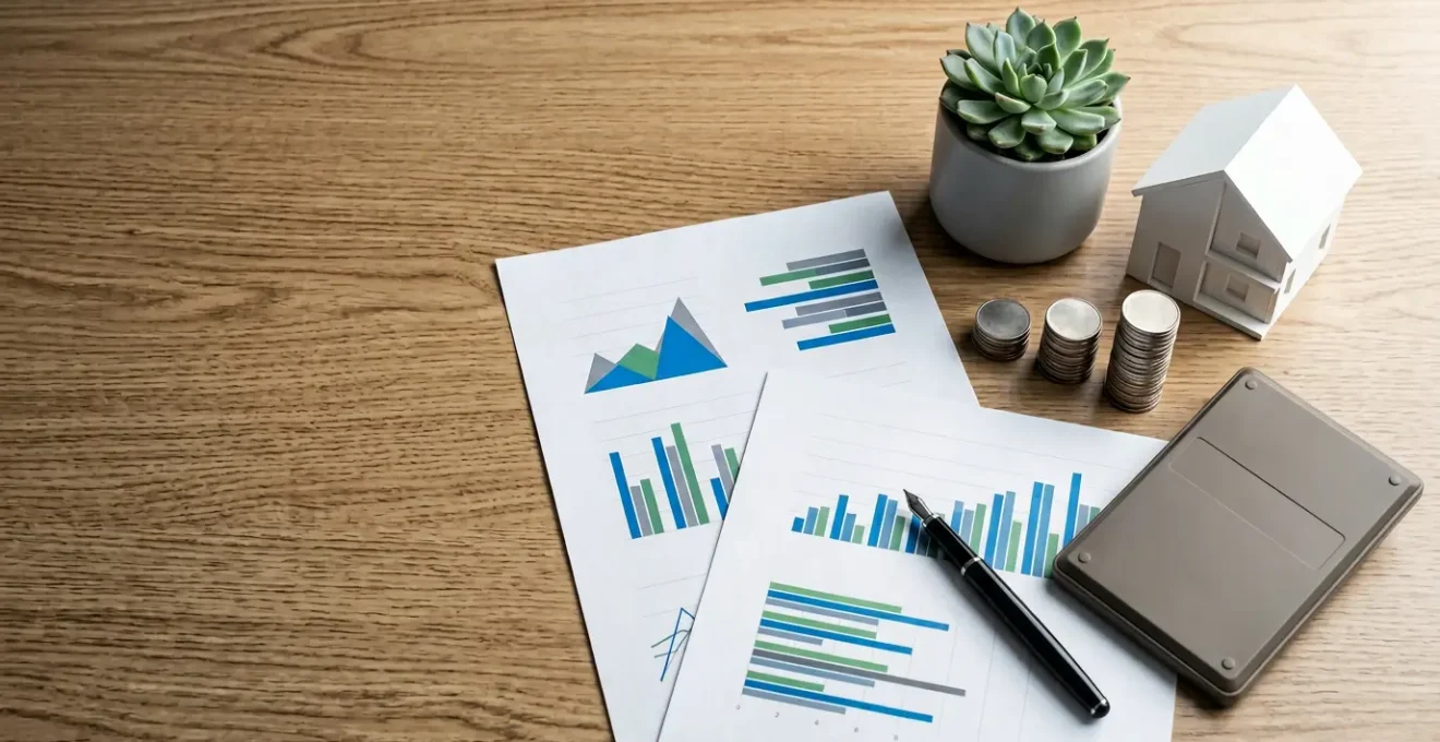 Vue aérienne d'un bureau contemporain avec des documents financiers et des graphiques sans texte visible, une calculatrice et des objets symbolisant l'épargne