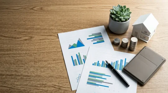 Vue aérienne d'un bureau contemporain avec des documents financiers et des graphiques sans texte visible, une calculatrice et des objets symbolisant l'épargne