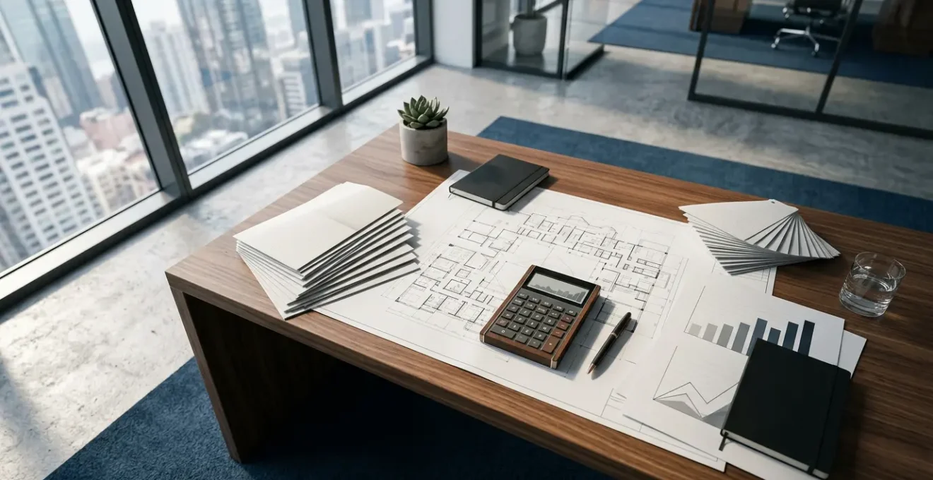 Vue aérienne d'un bureau moderne avec calculatrice, documents financiers et graphiques de croissance patrimoniale