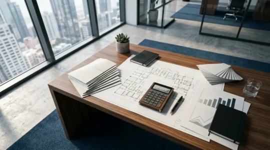 Vue aérienne d'un bureau moderne avec calculatrice, documents financiers et graphiques de croissance patrimoniale