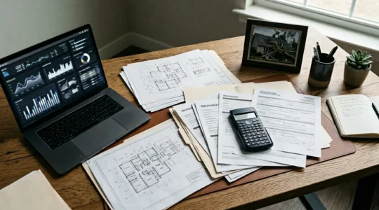 Vue d'ensemble d'un bureau avec documents d'assurance, calculatrice et photos de dégâts, symbolisant l'expertise en indemnisation