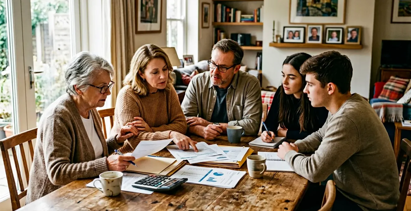 Famille multigénérationnelle analysant des documents financiers autour d'une table avec calculatrice et papiers administratifs