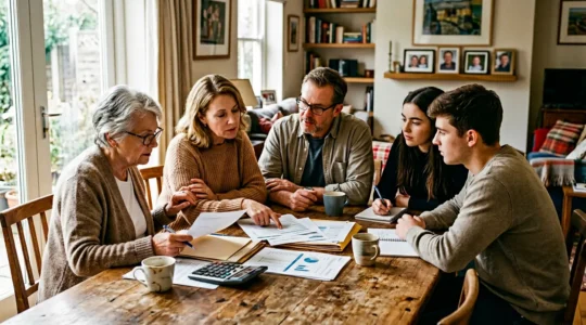 Famille multigénérationnelle analysant des documents financiers autour d'une table avec calculatrice et papiers administratifs