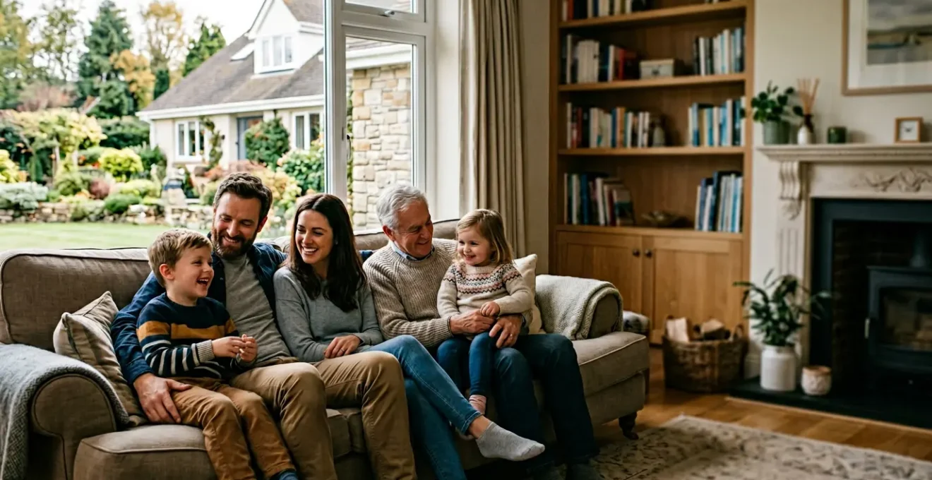 Famille sécurisée par une protection financière avec documents d'assurance et maison familiale en arrière-plan