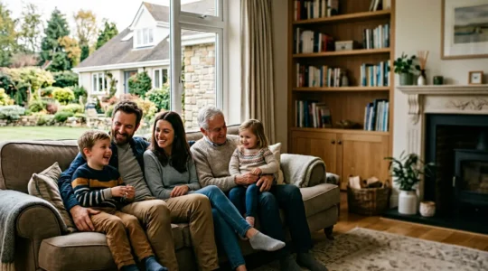 Famille sécurisée par une protection financière avec documents d'assurance et maison familiale en arrière-plan