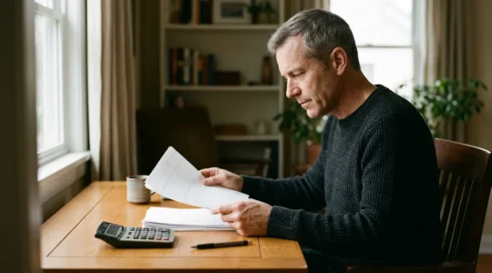 Personne consultant des documents financiers avec une calculatrice dans un bureau lumineux, réfléchissant aux options de protection