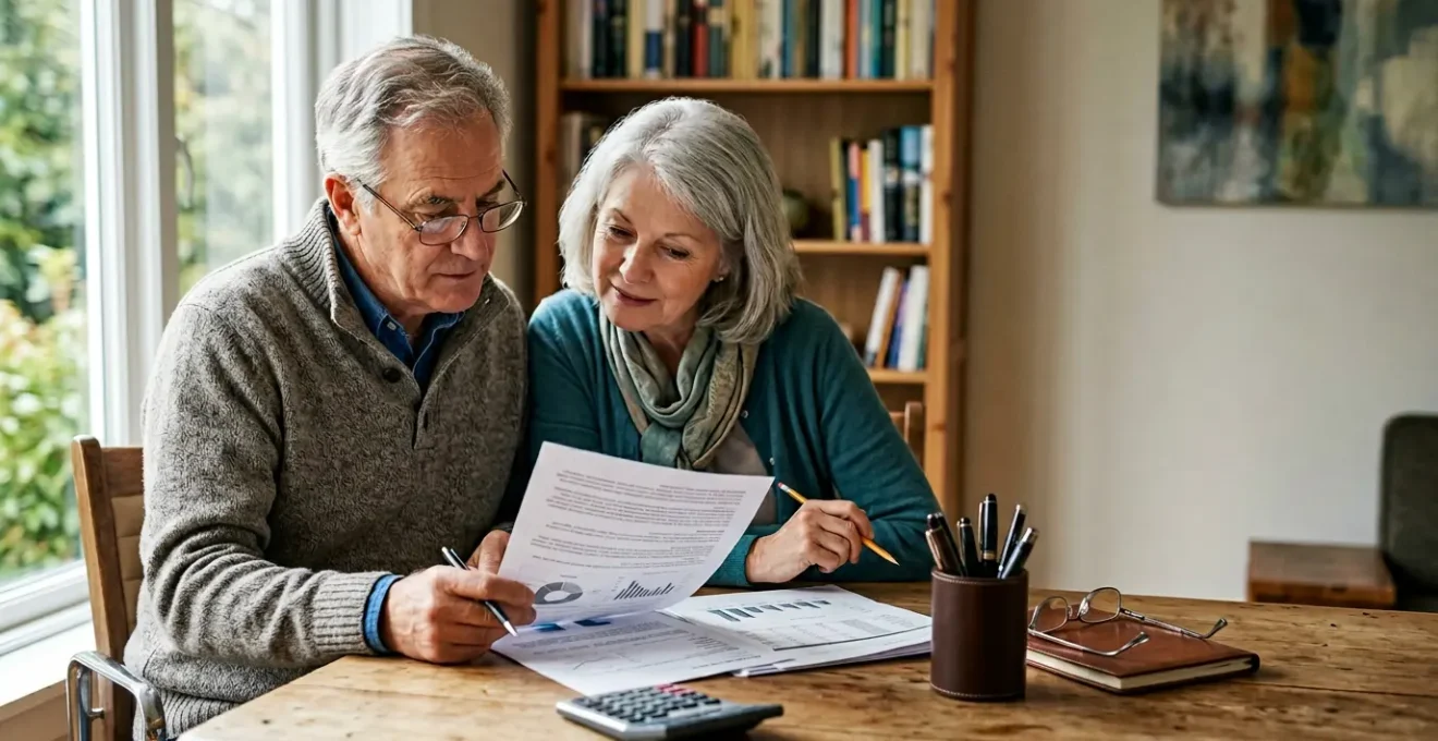Couple senior consultant des documents financiers dans un bureau lumineux avec des graphiques de projection de revenus